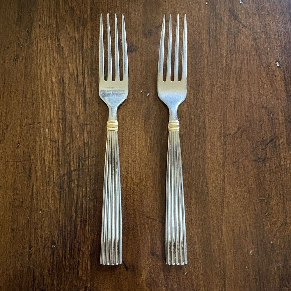 REED & BARTON GOLDEN CRESCENDO Stainless Flatware 2 Dinner Forks Reeded MCM